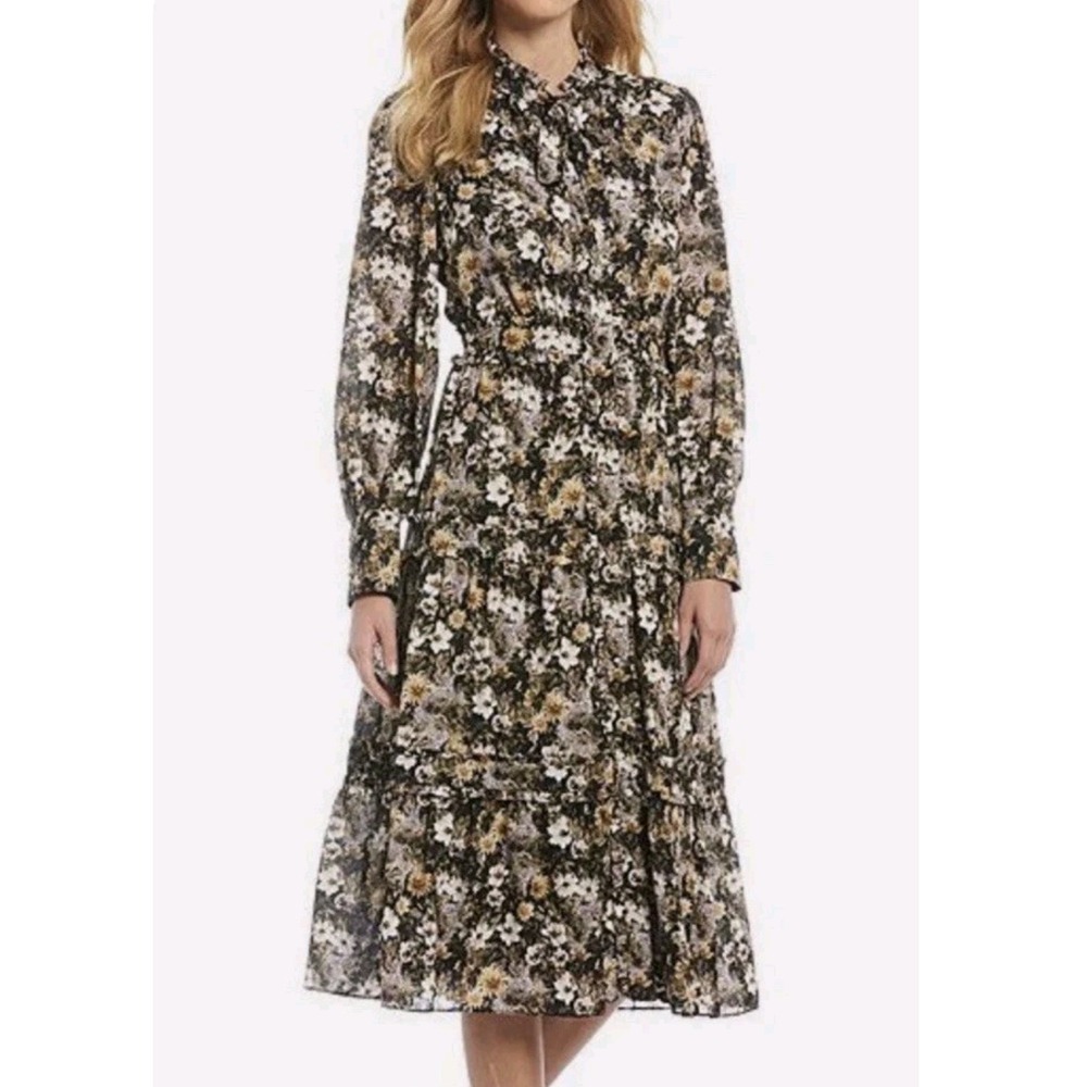 Antonio Melani Angie Floral Tie Neck Tiered Midi shirt Dress Black Yellow 10